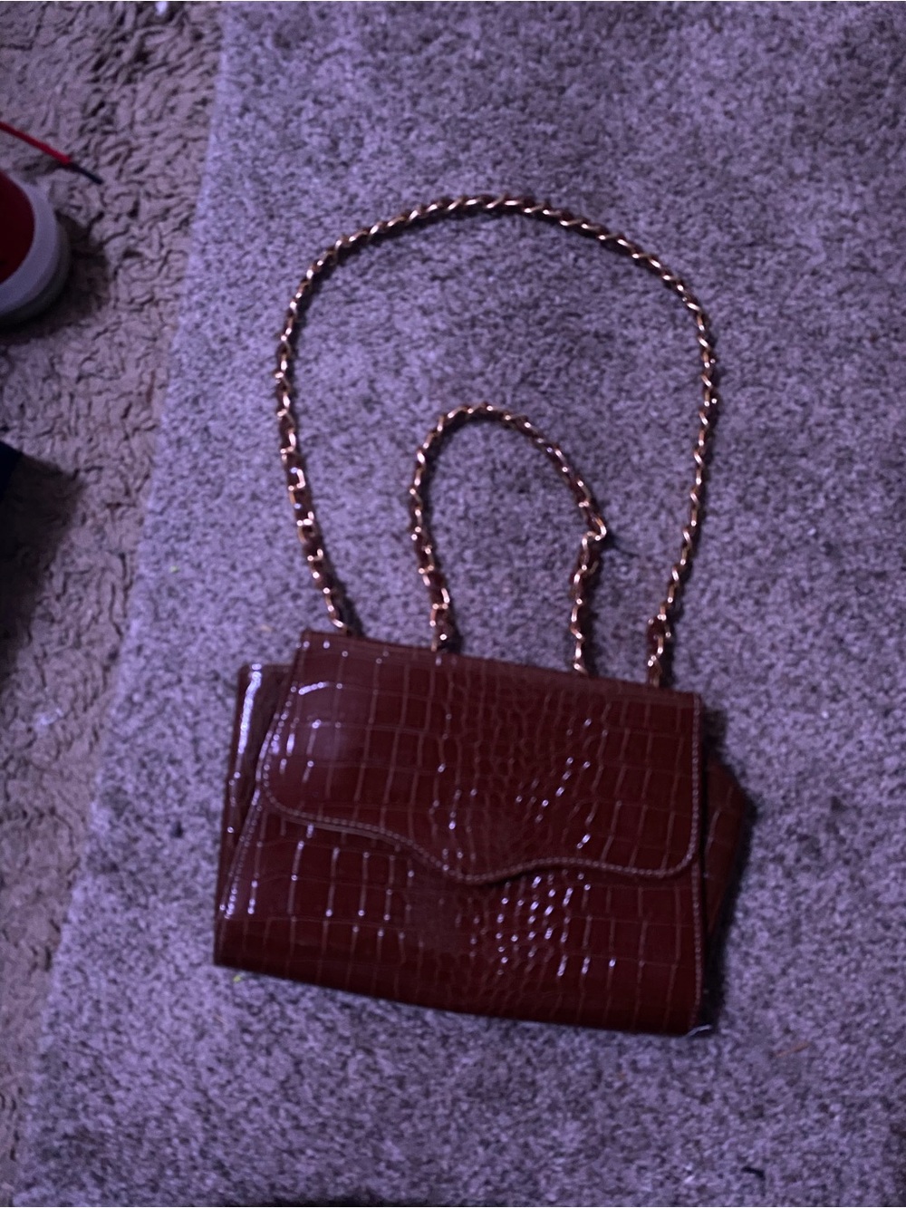 Brown Croc-Embossed Chain Shoulder Bag